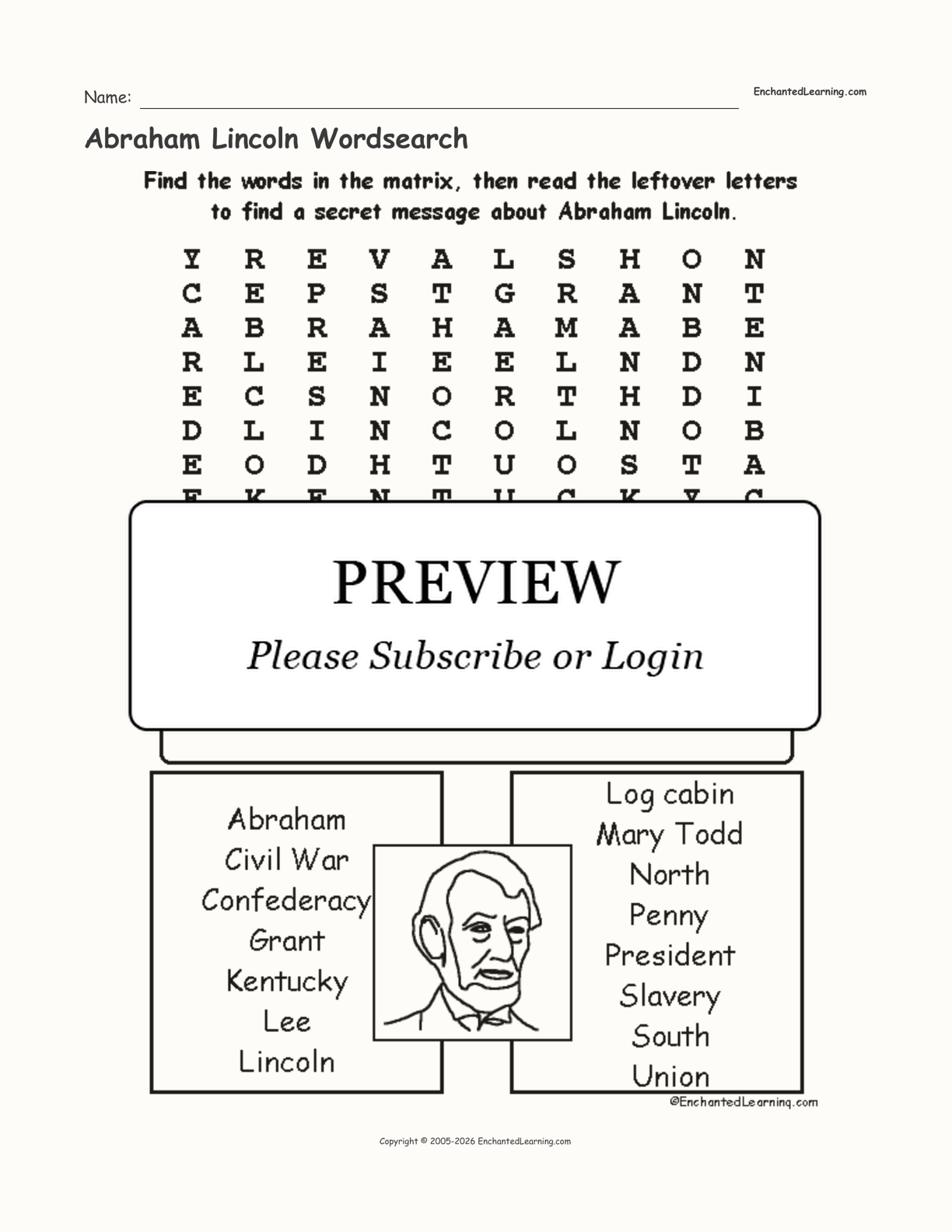 Abraham Lincoln Wordsearch Enchanted Learning