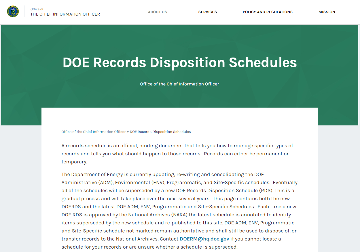 DOE Records Disposition Schedules Department of Energy