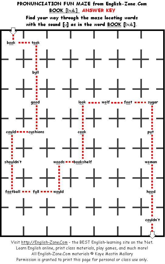 Pronunciation Fun Maze "BOOK" (ANSWER KEY)