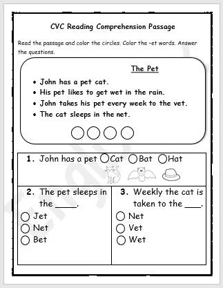 Cvc Reading Comprehension Passage Worksheet - Englishbix