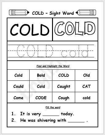 Cold Sight Word Printable Worksheet - Englishbix