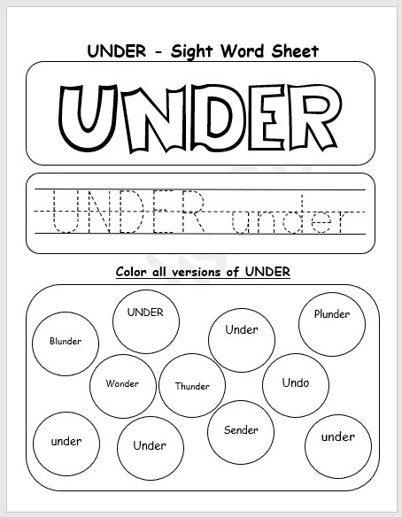 Under Sight Word Printable Worksheet - Englishbix