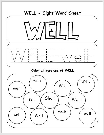 Well Sight Word Printable Worksheet - Englishbix