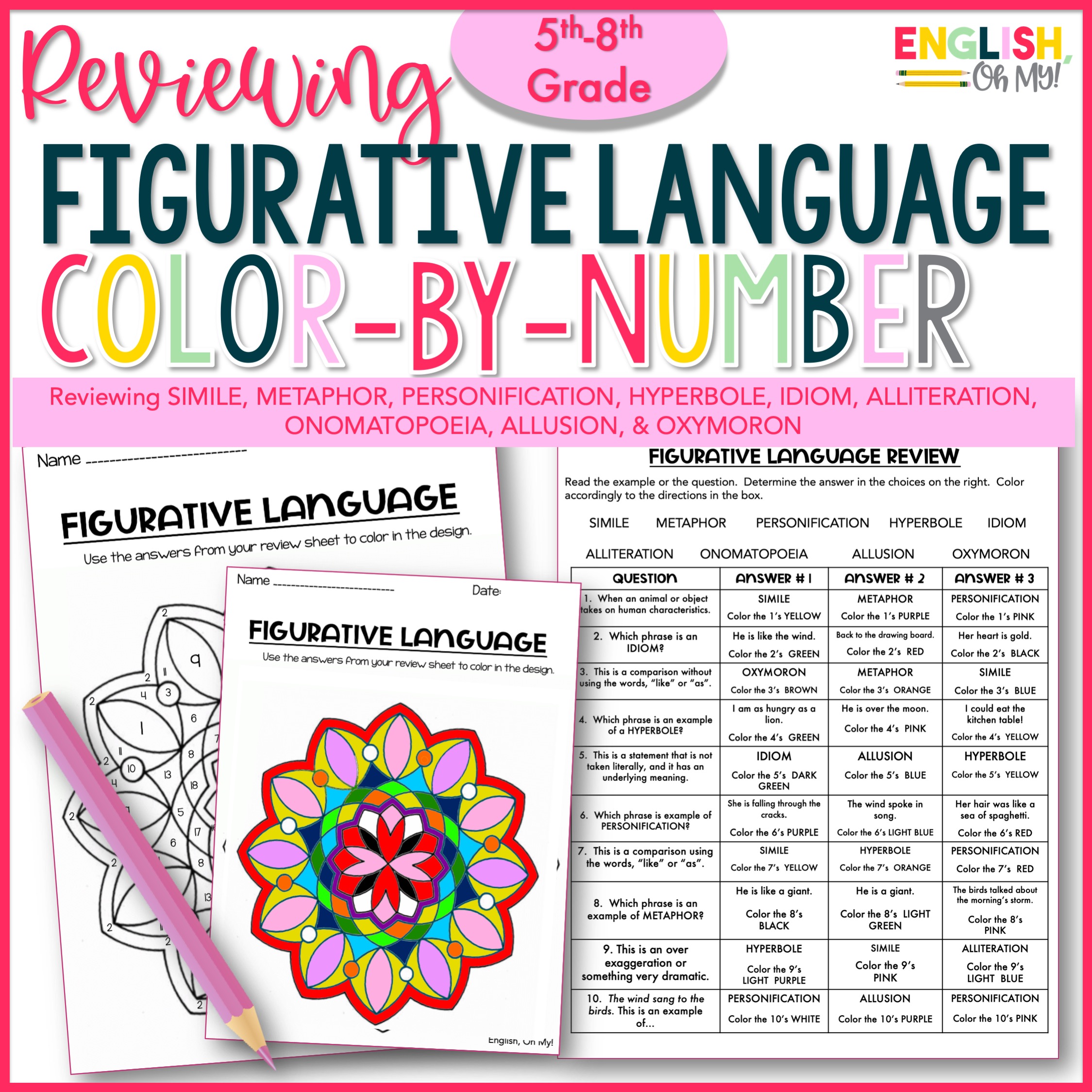 Figurative Language Review Color by Number English, Oh My!