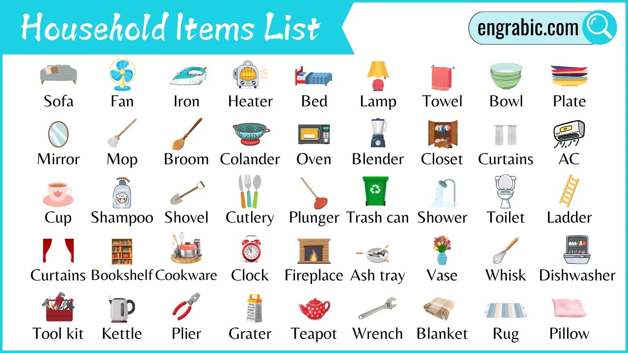 Household Items List Household Vocabulary with Pictures Engrabic