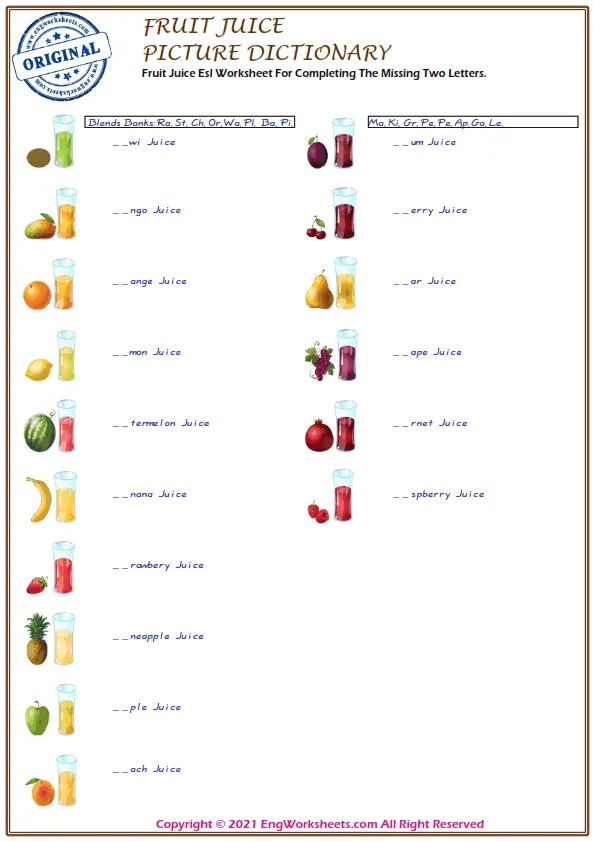 Fruit Juice English Online Exercises Engworksheets