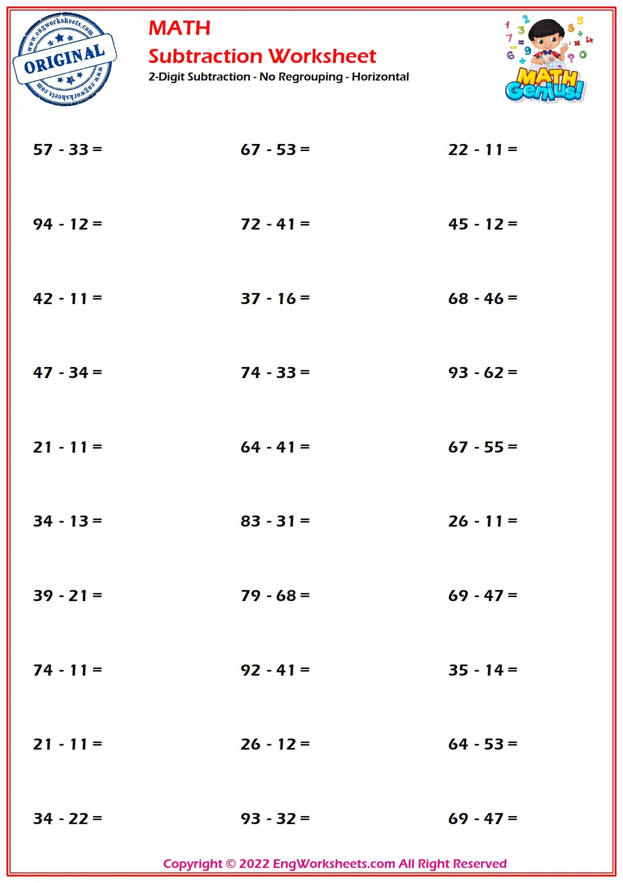 2-Digit Subtraction - No Regrouping Worksheets and Exercise - Engworksheets