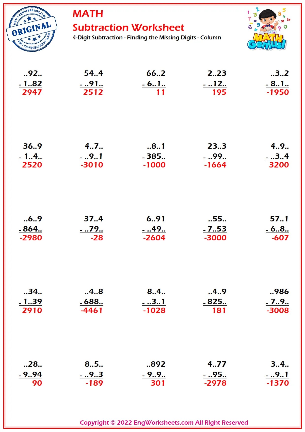 4-Digit Subtraction - Finding the Missing Digits Worksheets and