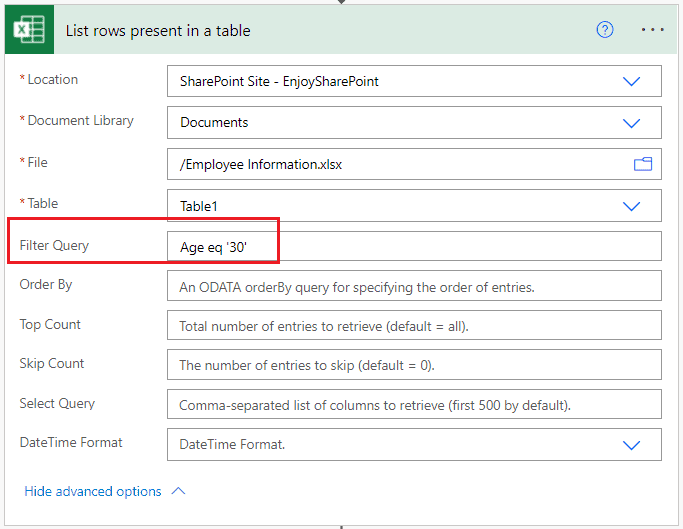 Power Automate list rows present in a table filter query EnjoySharePoint