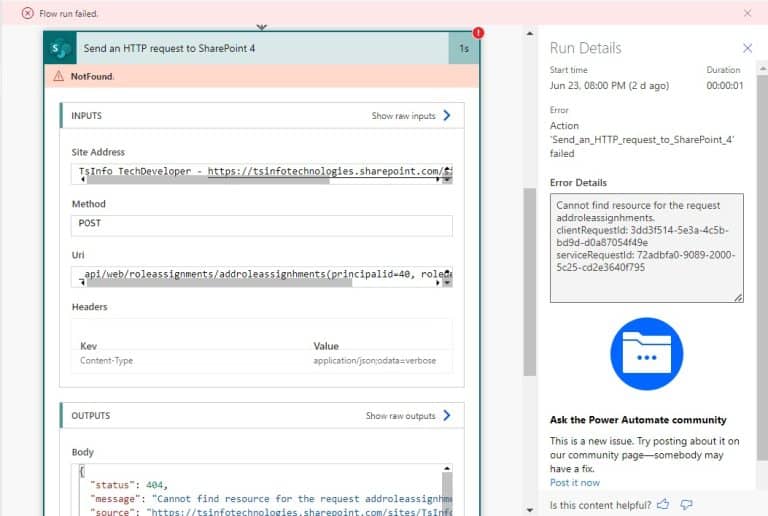 Power Automate error Cannot find the resource for the request