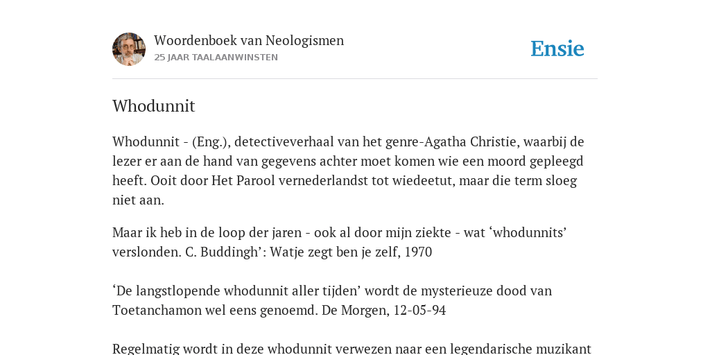 Whodunnit de betekenis volgens Woordenboek van Neologismen