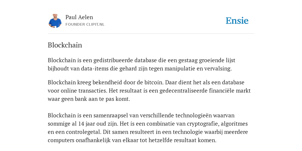 Blockchain de betekenis volgens Paul Aelen