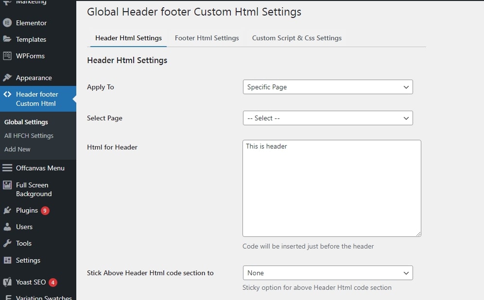 Header Footer Custom Html Documentation