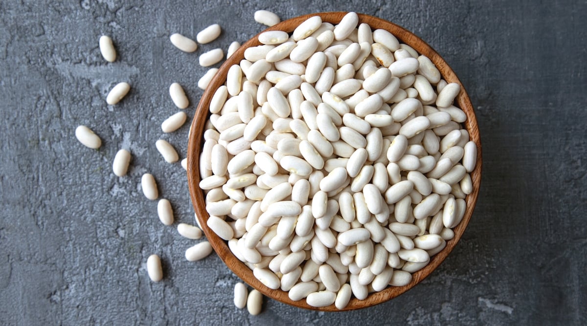 White beans sitting in a wooden bowl on a concrete table.