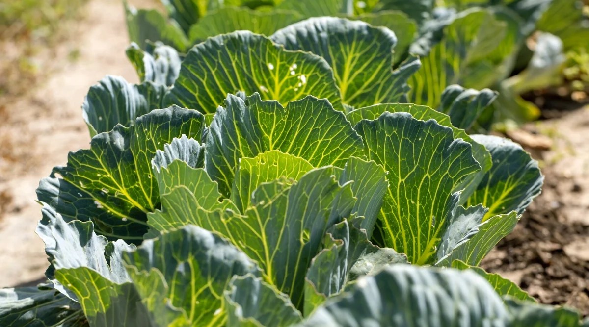 Close-up of growing rows of cabbages in a sunny garden. Cabbage is a leafy vegetable with a round head of densely packed leaves that is light green in color. The leaves are smooth and broad, with a slightly waxy texture.