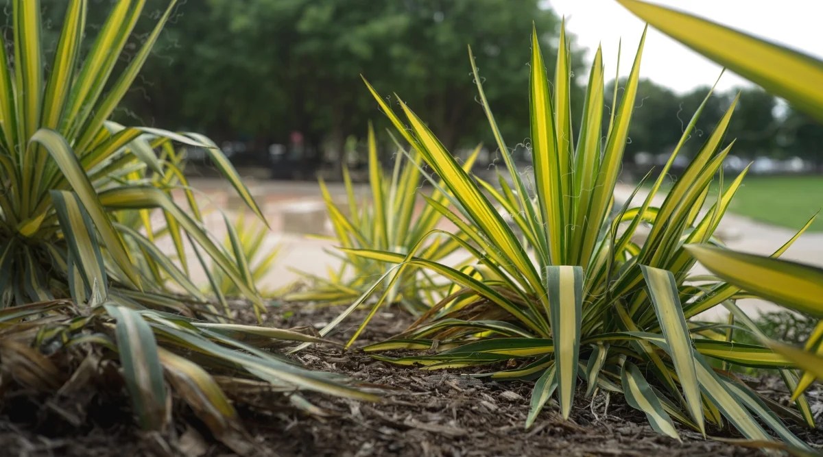 Close-up of Adam’s Needles evergreens in the garden. The plants form rosettes of long, narrow, sword-shaped, variegated leaves. The leaves are yellowish in color with dark green edges. The leaves are covered with sharp thread-like fibers along the edges.