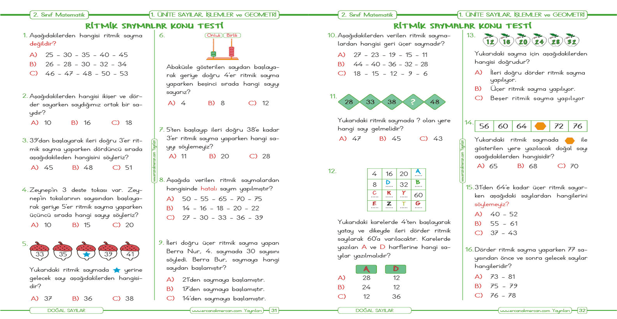 2. Sınıf Matematik Ritmik Sayma Test Ercan Akmercan