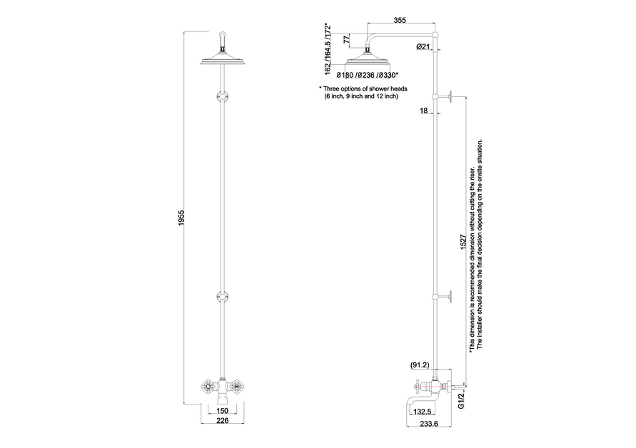 Burlington Tay 2TH Wall Mounted Bath Shower Mixer with Riser Kit and 12