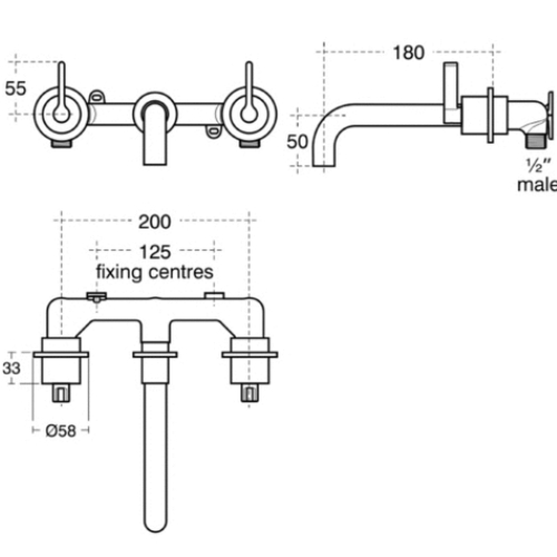 Ideal Standard Silver 3 Hole Wall Mounted Bath Tap