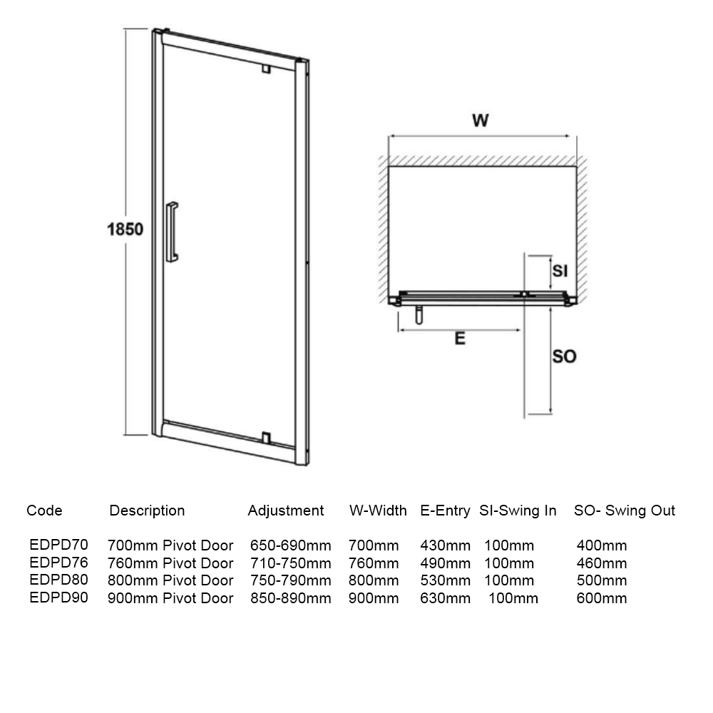 Ergonomic Designs 760mm Pivot 4mm Toughened Safety Glass Shower Door