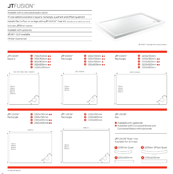JT Fusion White 1600 x 700 Rectangular Shower Tray with 4 Upstands
