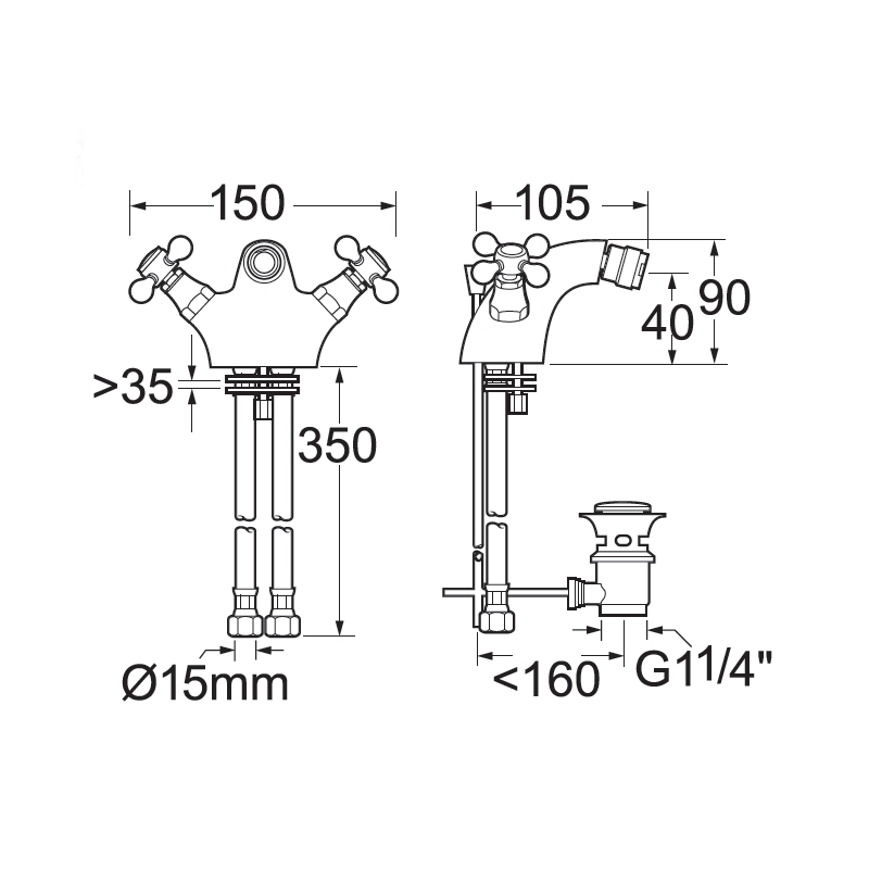 Deva Tudor Traditional Bidet Mixer Tap with Pop Up Waste