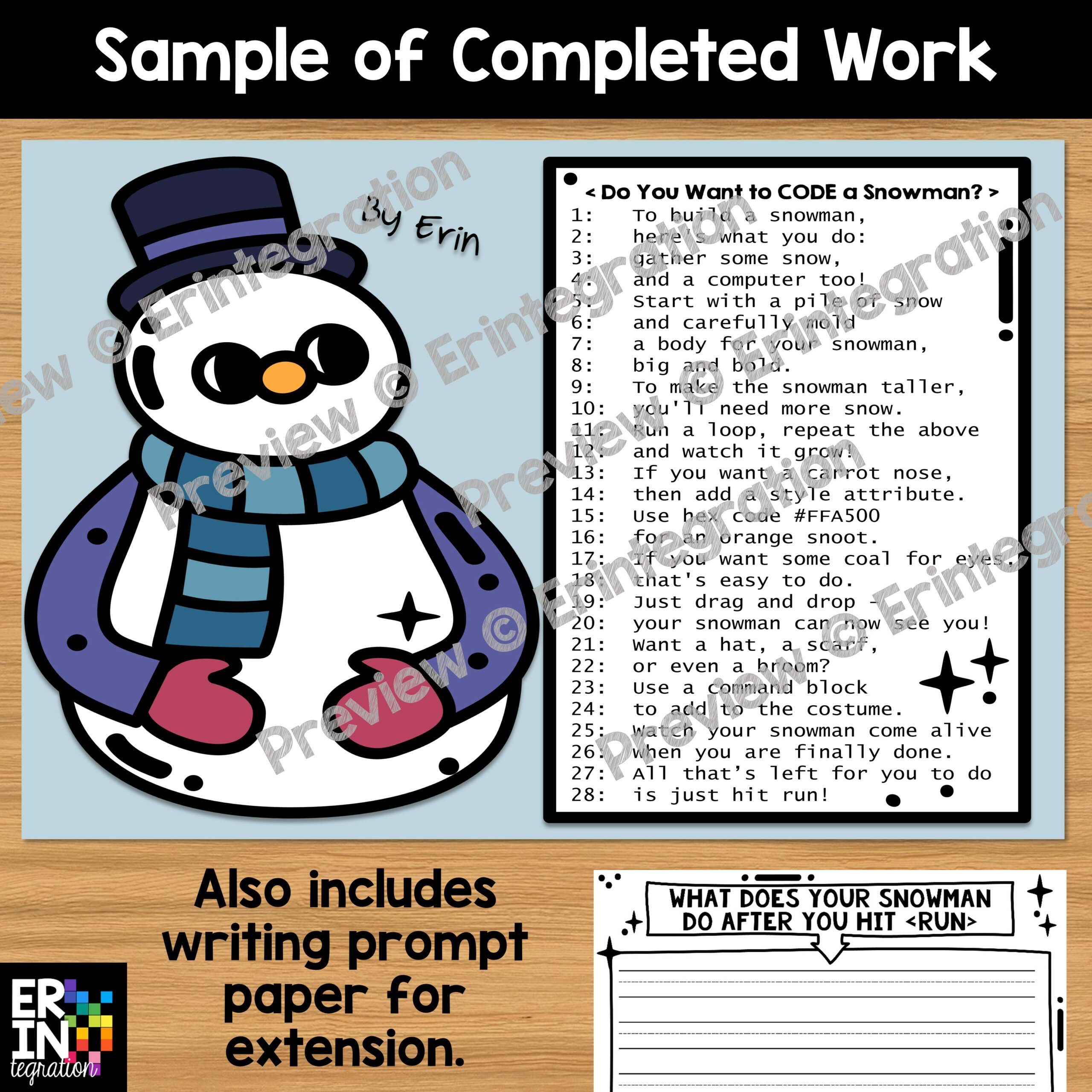 Snowman Craft & Coding Activity One Page Craft, Poem, & Writing