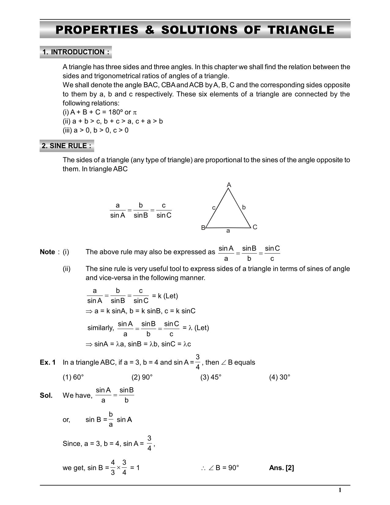 Properties and Solution of Triangle Notes for Class 12 & IIT JEE
