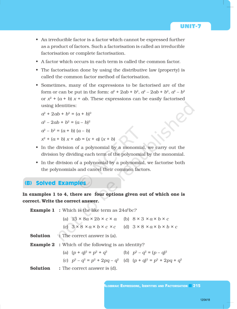 NCERT Exemplar Class 8 Maths Chapter 7 Algebraic Expressions and