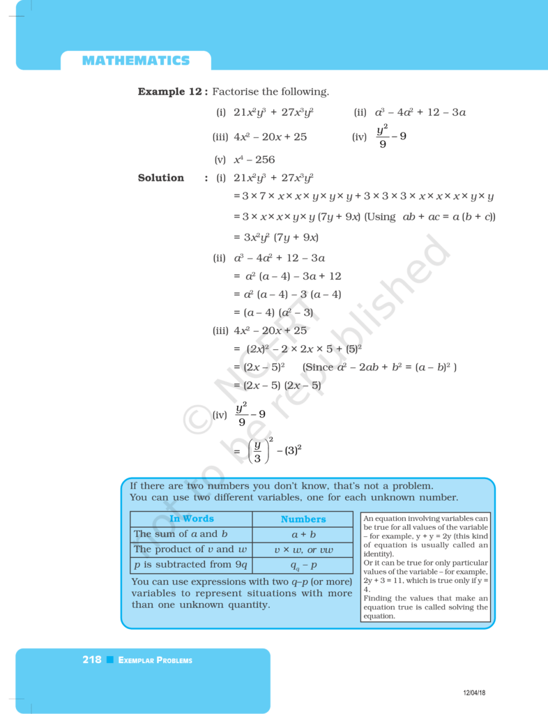 NCERT Exemplar Class 8 Maths Chapter 7 Algebraic Expressions and