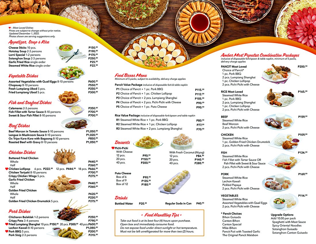 Amber Menu with Prices + List of Branches & Store Hours