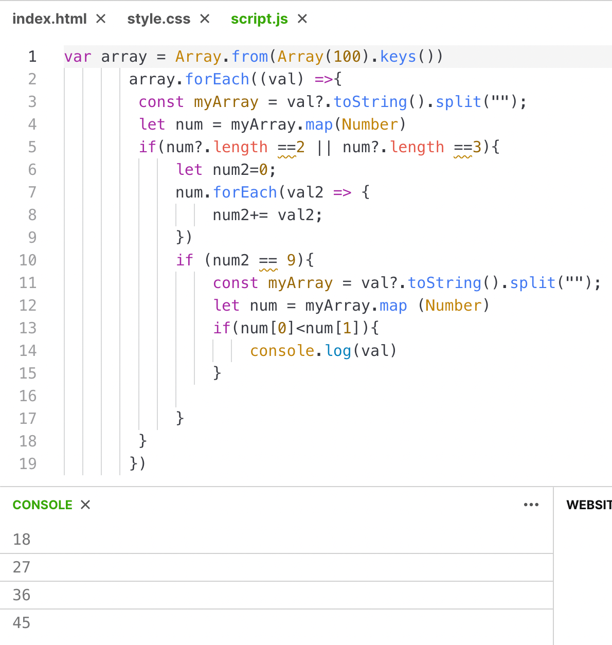 Display number between 1 to 100 sum of digits 9 ascending order