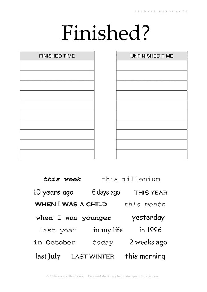 Present perfect activity for finished/unfinished time