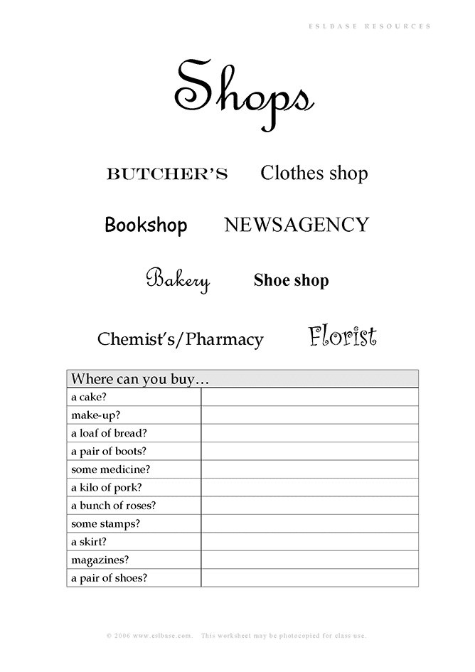 Shopping vocabulary activity