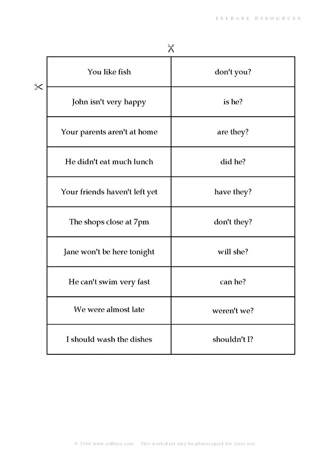 Tag Questions Matching activity Eslbase
