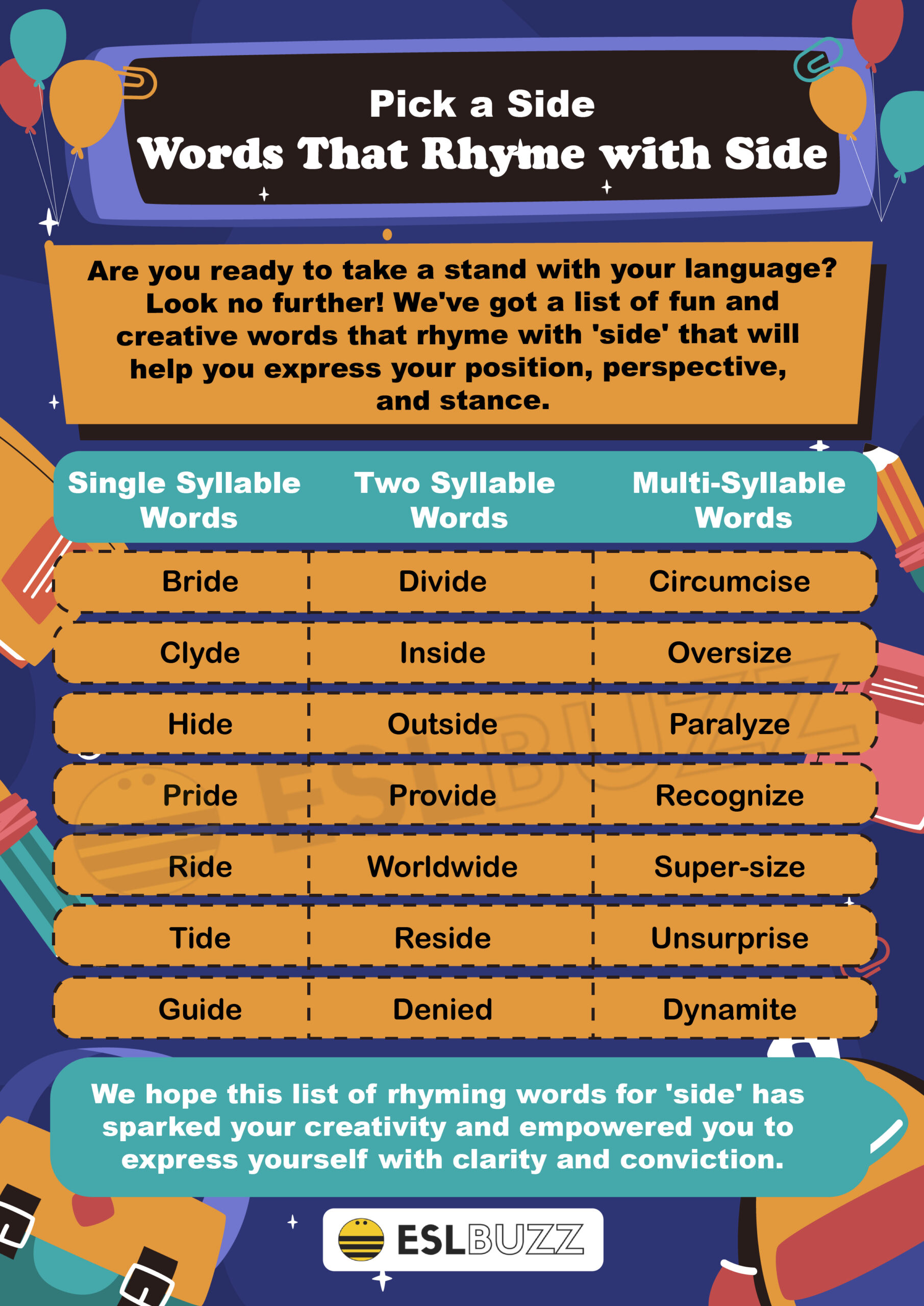 Words That Perfectly Rhyme with Side to Master Rhyming ESLBUZZ