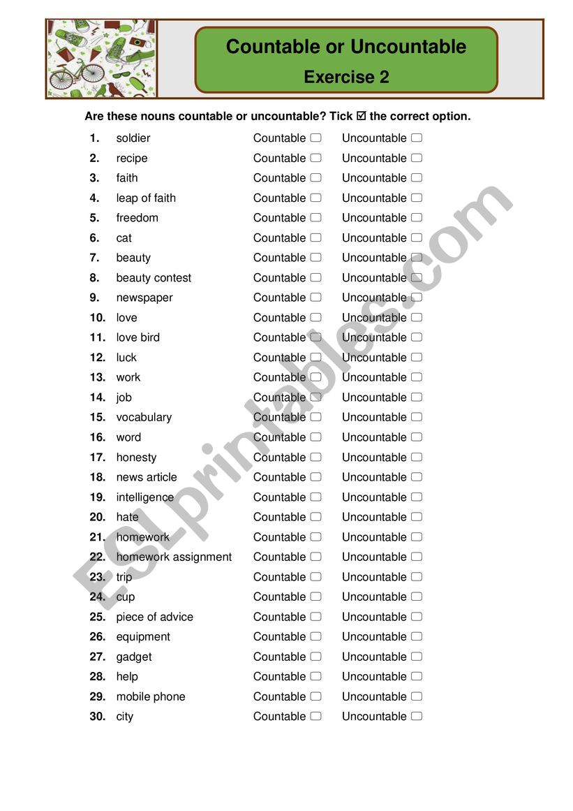 Countable or Uncountable Exercise 2 - ESL worksheet by sandramaisa
