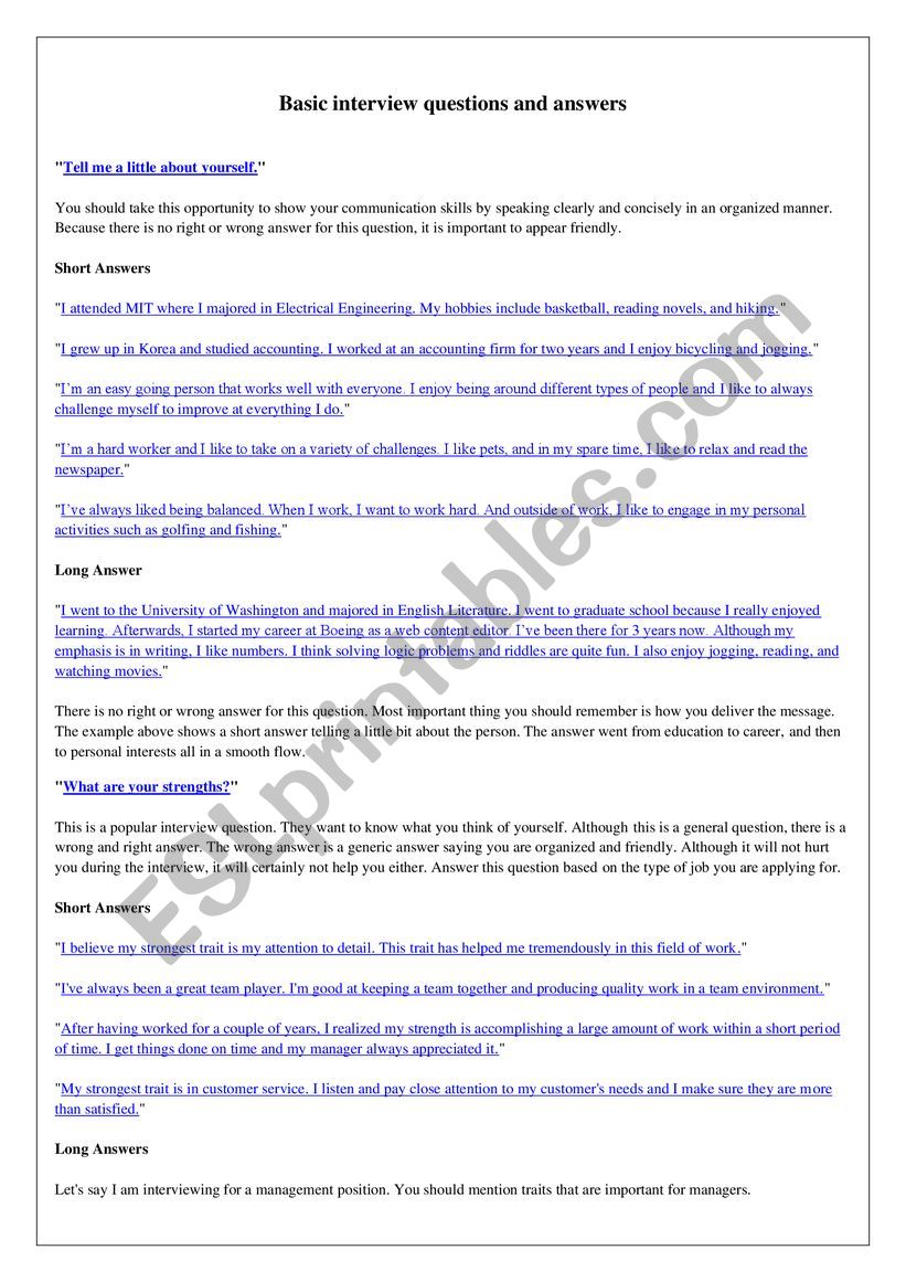 BASIC INTERVIEW QUESTIONS AND ANSWERS ESL worksheet by fattoumaa