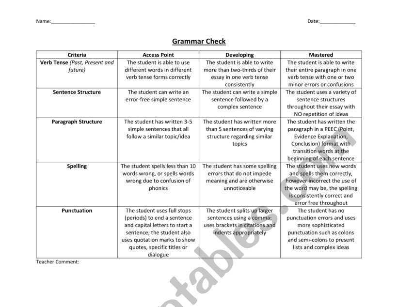 Grammar Writing Process Rubric (Stand Alone Paragraph) ESL worksheet
