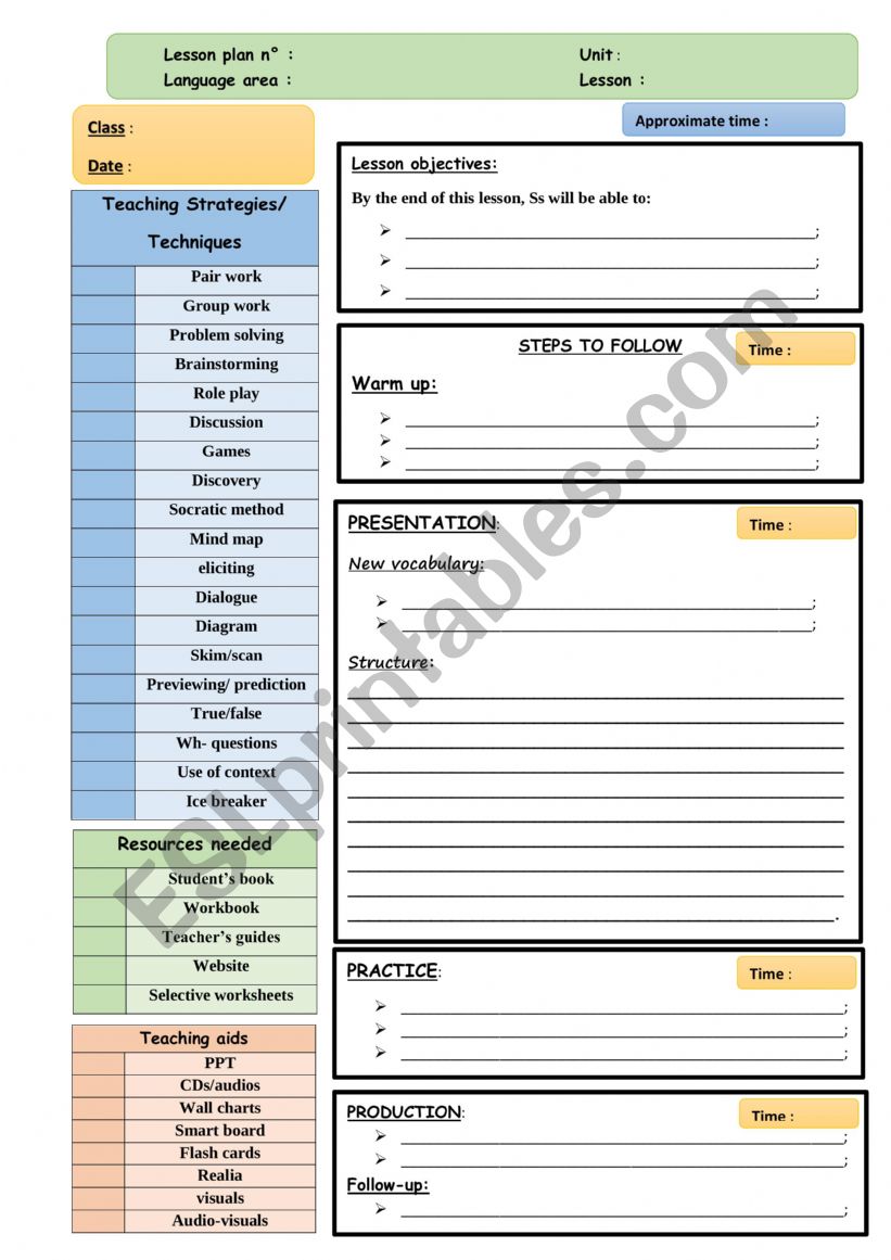 Lesson plan template ESL worksheet by El Morabit Nadir