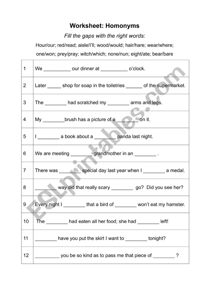 FilltheGap Worksheet on Homonyms (with answer key) ESL worksheet by Cledders