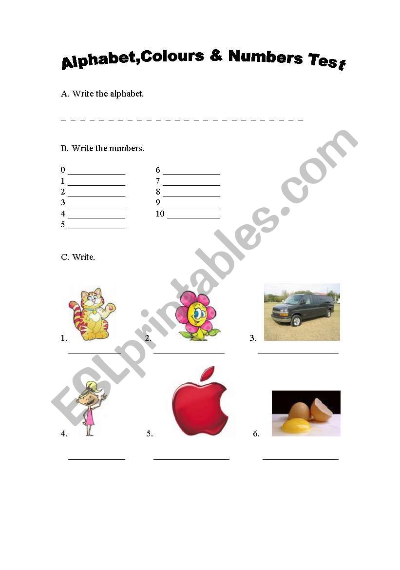 English worksheets Alphabet, Colours & Numbers Test