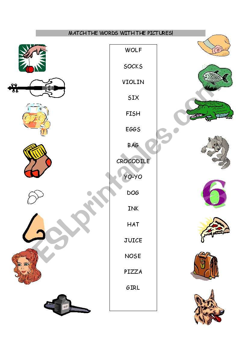 English worksheets SIMPLE WORDS FOR BEGINNERS MATCHING