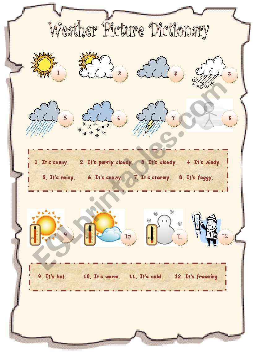 Weather Picture Dictionary ESL worksheet by Kita19