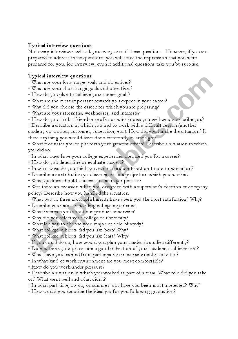 Typical Job Interview Questions ESL worksheet by menekf