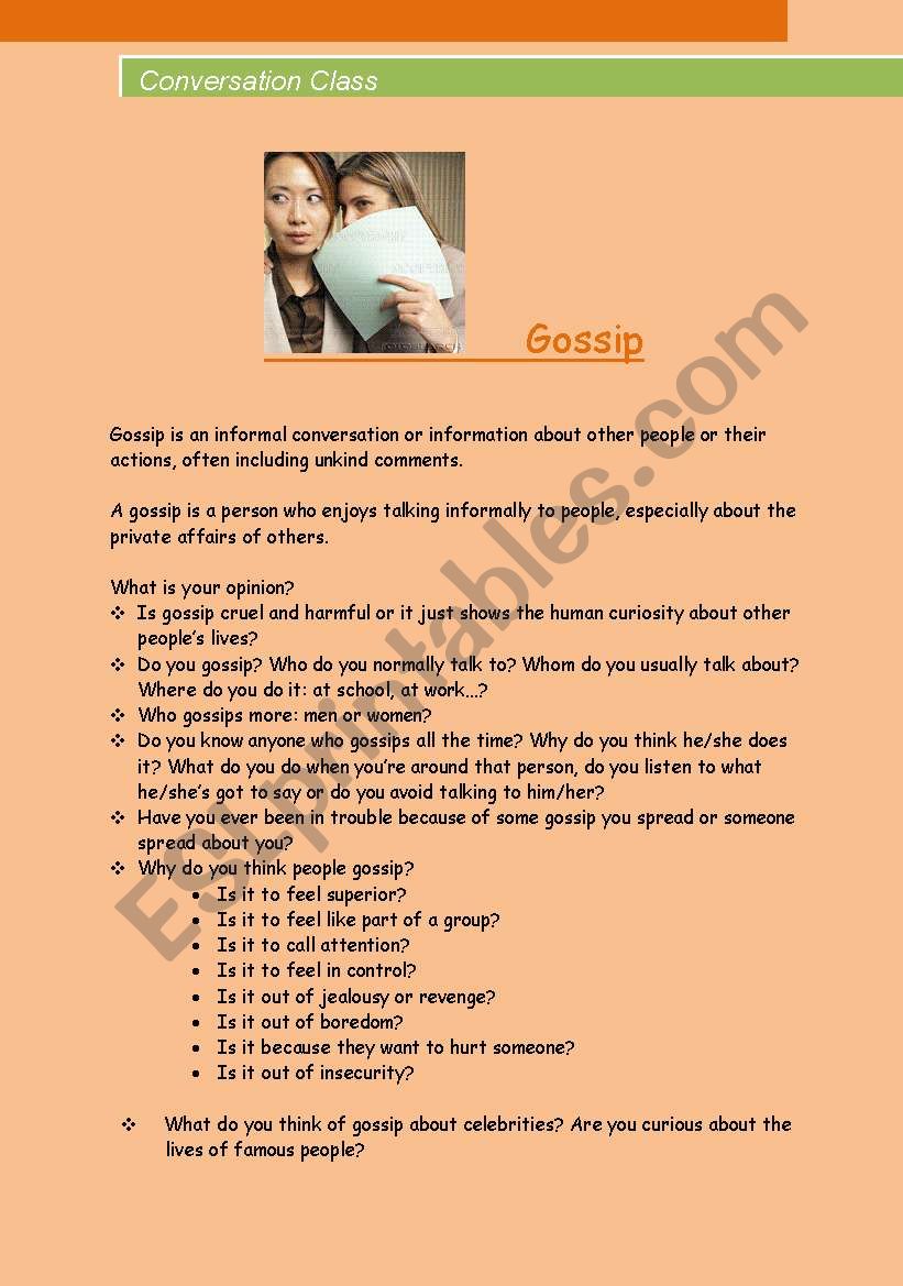 Conversation Class Gossip. ESL worksheet by Camilla_2008