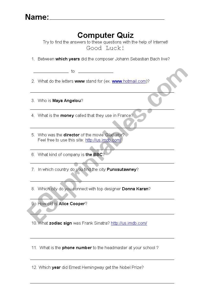 English worksheets Computer Quiz