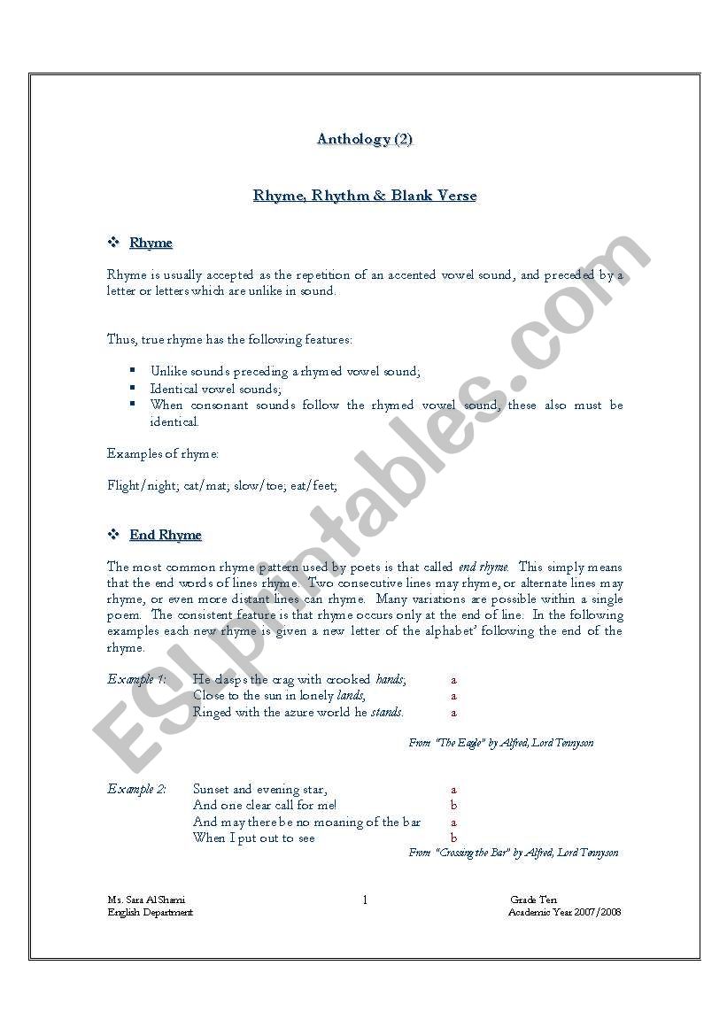 English worksheets Rhyme, Rhythm & Blank Verse