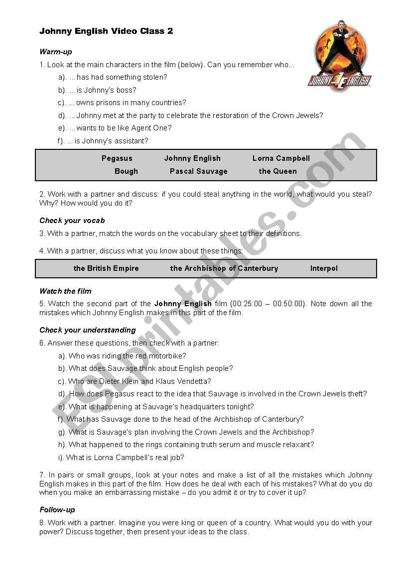 Johnny English Video Class Worksheet 2 of 3 ESL worksheet by james_p