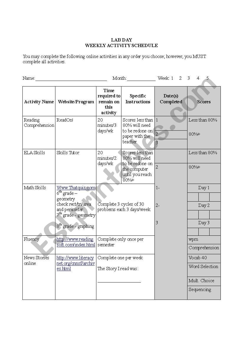 English worksheets Computer activity tracking sheet template